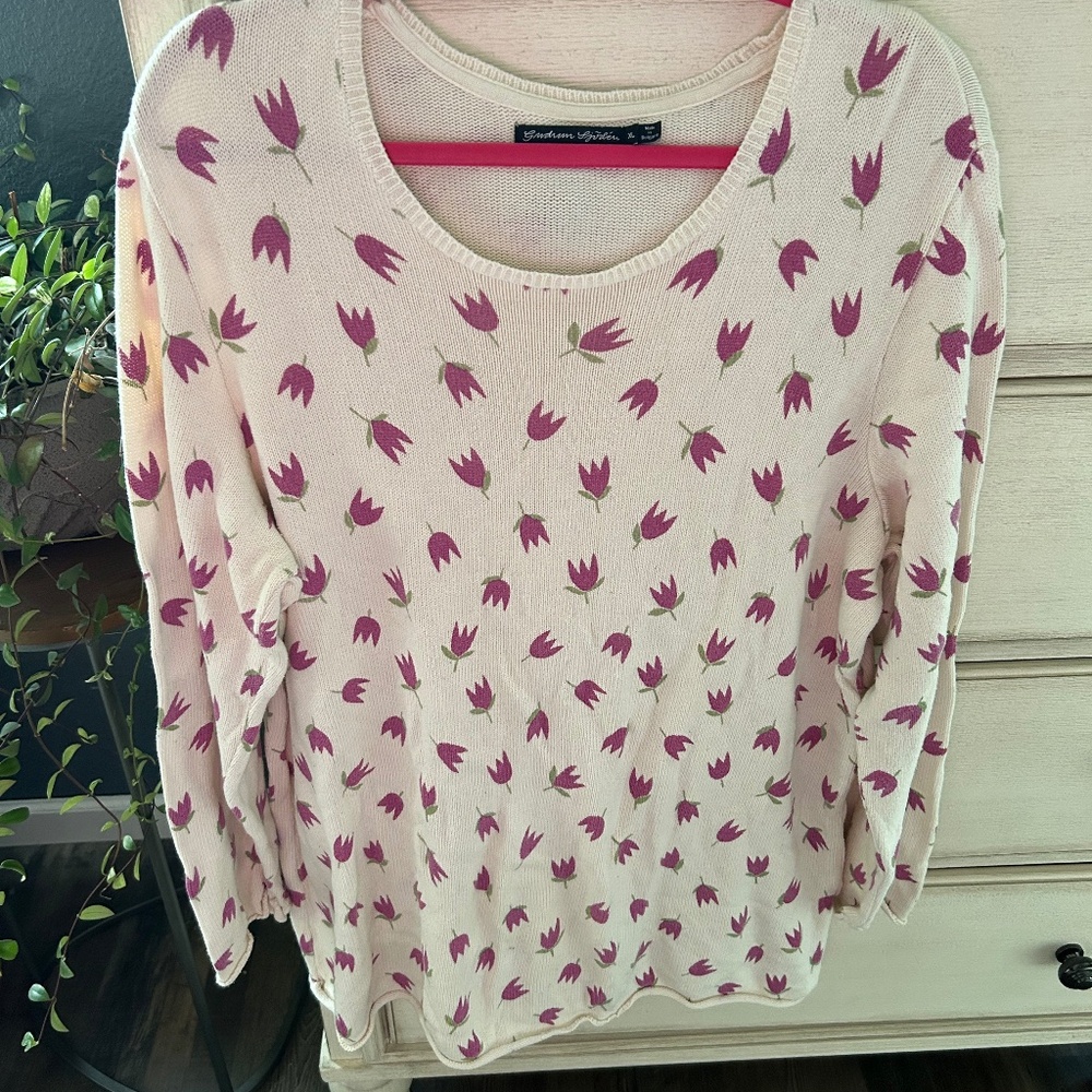 Gudrun Sjoden Women’s Size XL Sweater Tunic Tulips Pink White